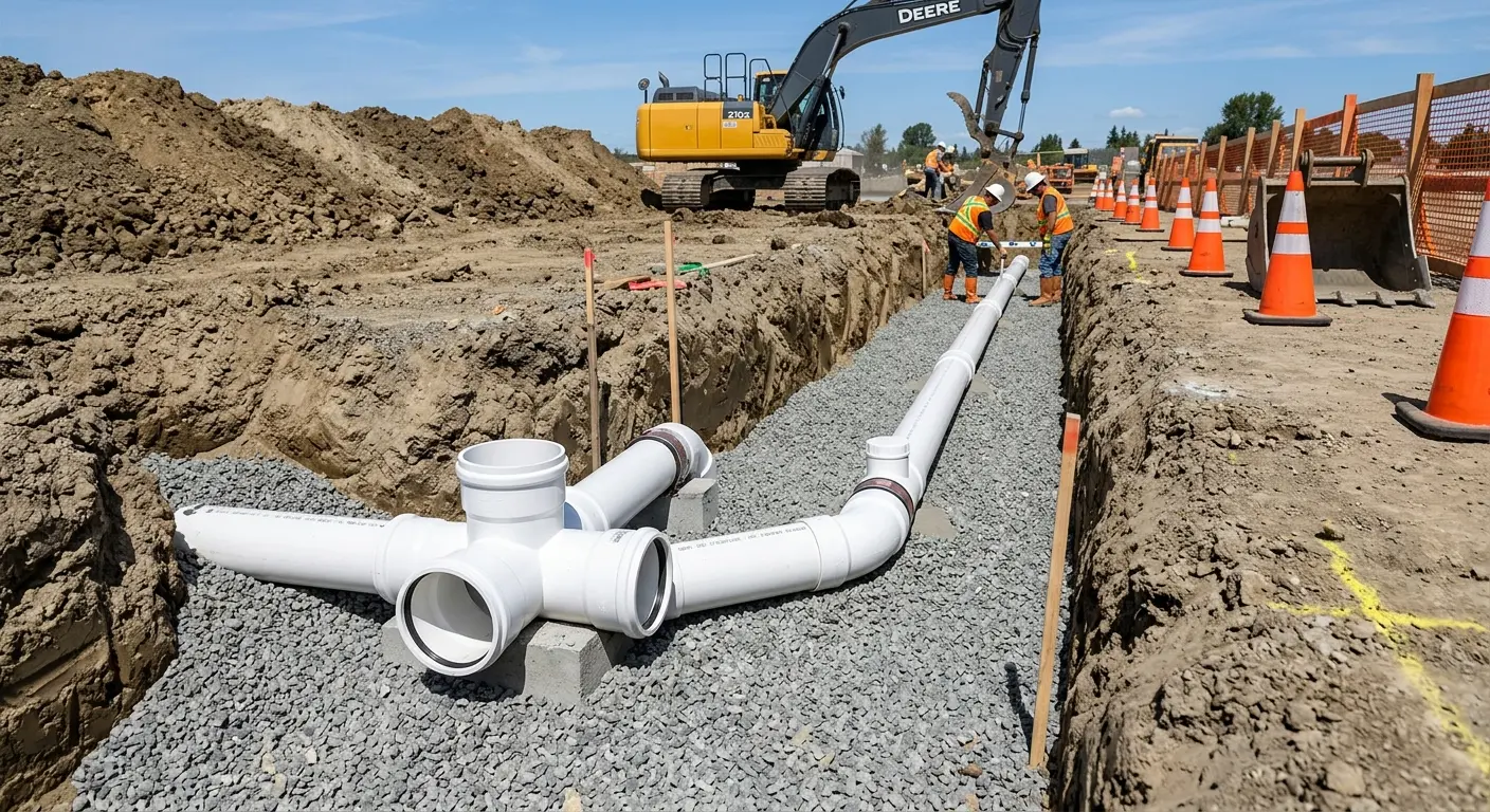 New PVC sewer pipe installation in open trench for Sewer Backup in Lindstrom