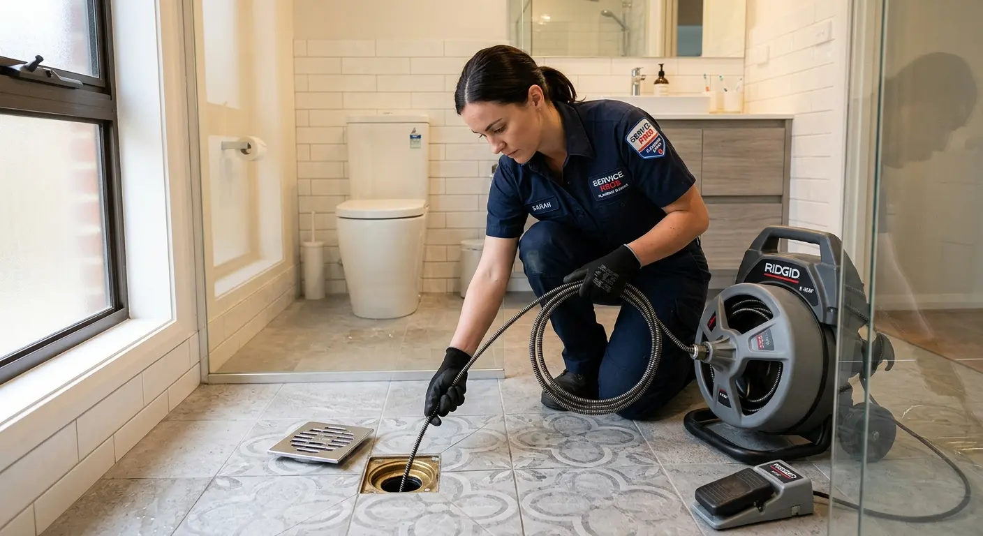 Technician clearing a bathroom floor drain for Sewer Line Installation in Lindstrom